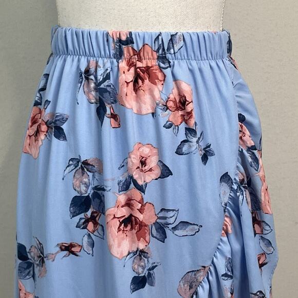 Miami Skirt size Small Blue Pink Roses Floral Ruffles Long High Low Wedding - Picture 3 of 11